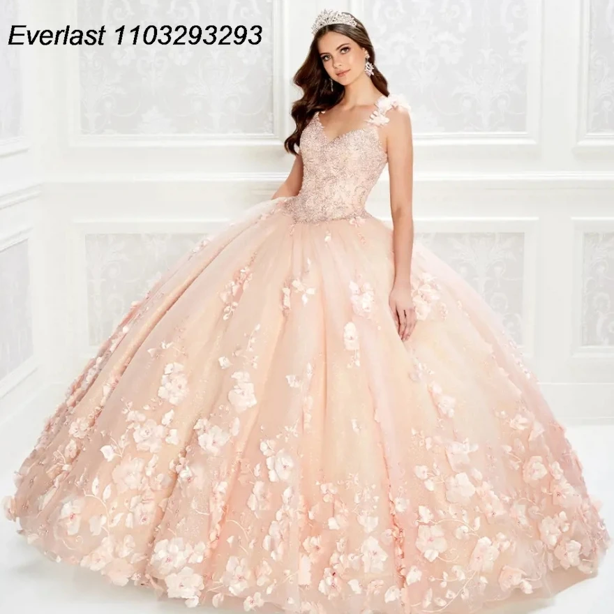 

EVLAST Rose Blush Quinceanera Dress Ball Gown 3D Flower Applique Beading With Cape Corset Sweet 16 Vestido 15 De Años TQD196