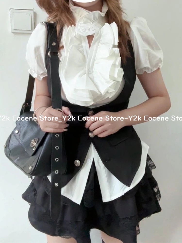 Y2k Black Gothic Retro Chic Outfit Women Bubble Sleeve Shirt + Slim Vest + Mini Cake Skirt New Vintage Fashion 3 Piece Suit 2025 image 5