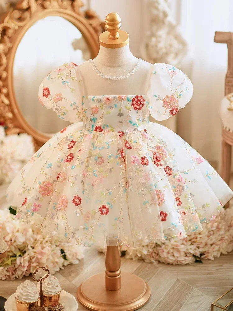 

Summer girl embroider puff sleeve princess dress girl temperament flower tulle skirt birthday party wedding flower girl dress