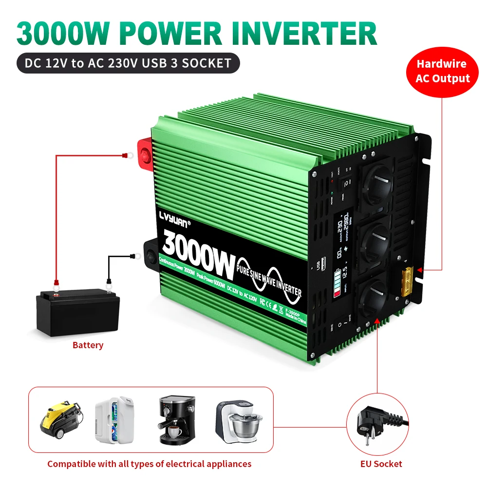 LVYUAN 3000W 6000W Car Power Inverter Pure Sine Wave DC 12V 24V AC 220V 240V Pure Sine Wave Inverter for Sale - view 6