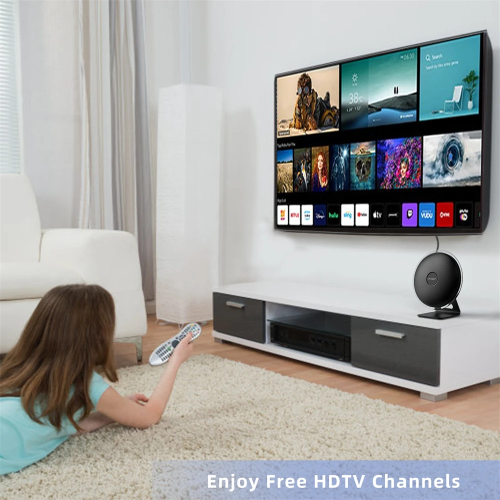 Antena telewizyjna do odbioru lokalnych kanałów, dalekiego zasięgu, wewnętrzna/zewnętrzna, ze wzmacniaczem, HDTV, obsługuje 4K 1080p, antena do wszystkich telewizorów, Smart TV. — zdjęcie produktu 5