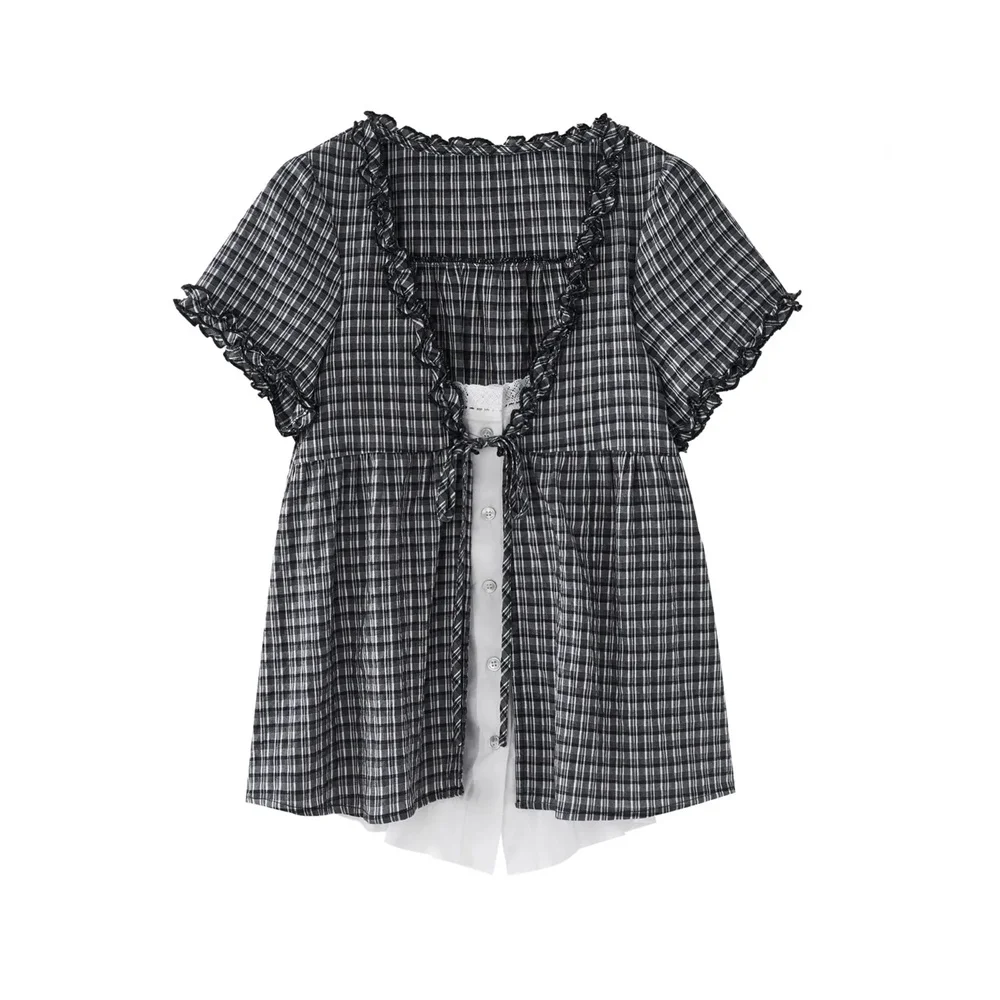 Y2K Karierte Bluse für Damen mit Rüschenbesatz und Spitzenverzierung, Kurzarm, Vordere Bindung, Sommerliche Lässige Süße Kawaii Tops, Modische Ästhetische Bluse – Detail 9