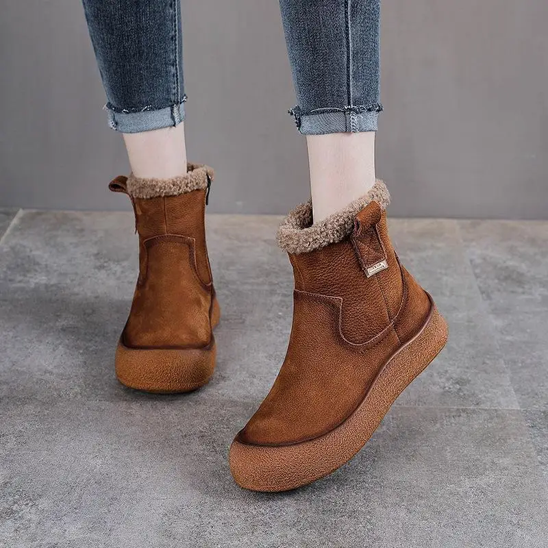 

Women's Boots Thick Bottom Real Leather Snow Boots Winter Warm Short Boots Increased Height Side Zipper Casual Style