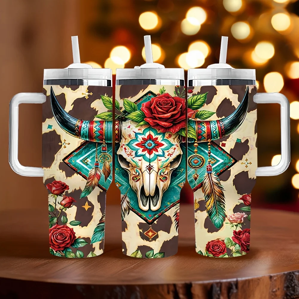 Western Style Cow Skull Rose And Feather Print Drinking Tumbler with Handle And Reusable Straw for Daily Use