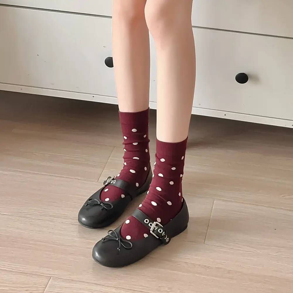 Harajuku Vintage Frauen Socken Herbst Winter Neue Gestrickte Baumwolle Elastische Lange Socken Frauen Polka Dot Japanischen Kawaii Nette Socken Sox – Detail 11