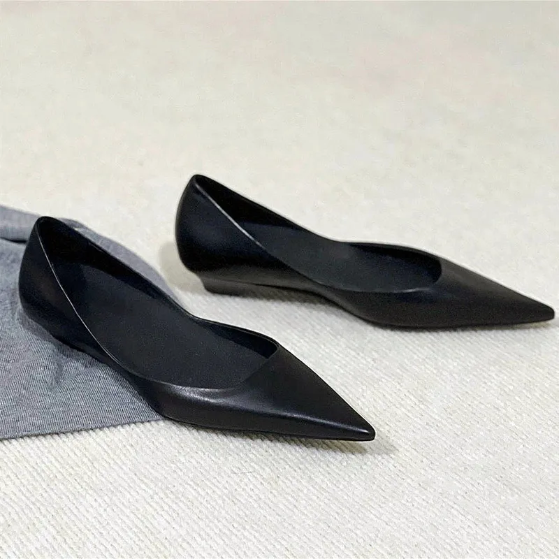 Sexy Pointed Toe Leather Flat Shoes Women Tapered Low Heel Pumps Black Shallow Mouth Design Comfort Casual Office Shoe for Women