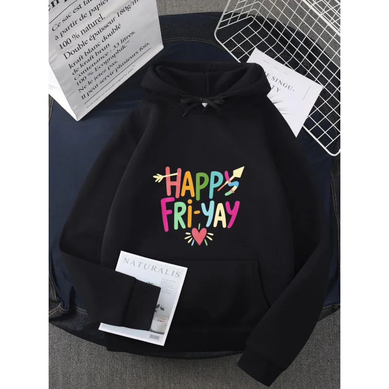 هوديي رجالي أسود Happy Fri-Yay مطبوع من القطن عالي الجودة ملابس غير رسمية للارتداء اليومي والاسترخاء في عطلة نهاية الأسبوع #1