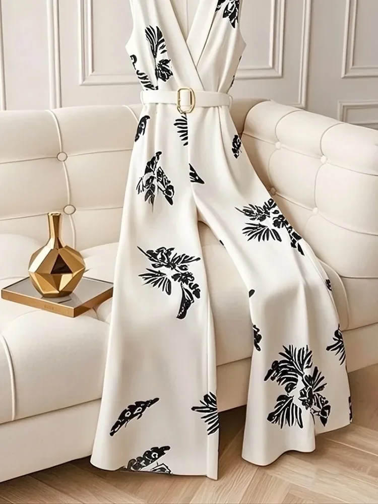 Nuevo mono de moda de gama alta para mujer, mono Sexy de verano con cuello en V y estampado de hojas sin mangas drapeado ajustado de cintura alta, pelele elegante con cinturón