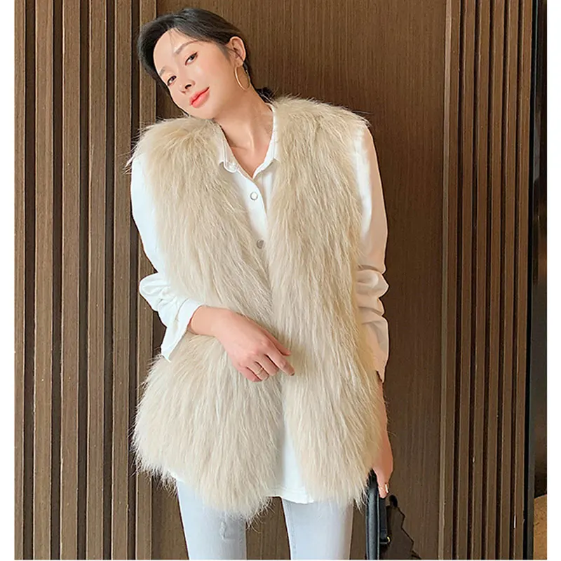 Korea Autumn Sleeveless Faux Raccoon Fur Vest Coat Women Fashion Sexy Solid Long Coats Outercoat Lady Party Elegant Outfits 2023