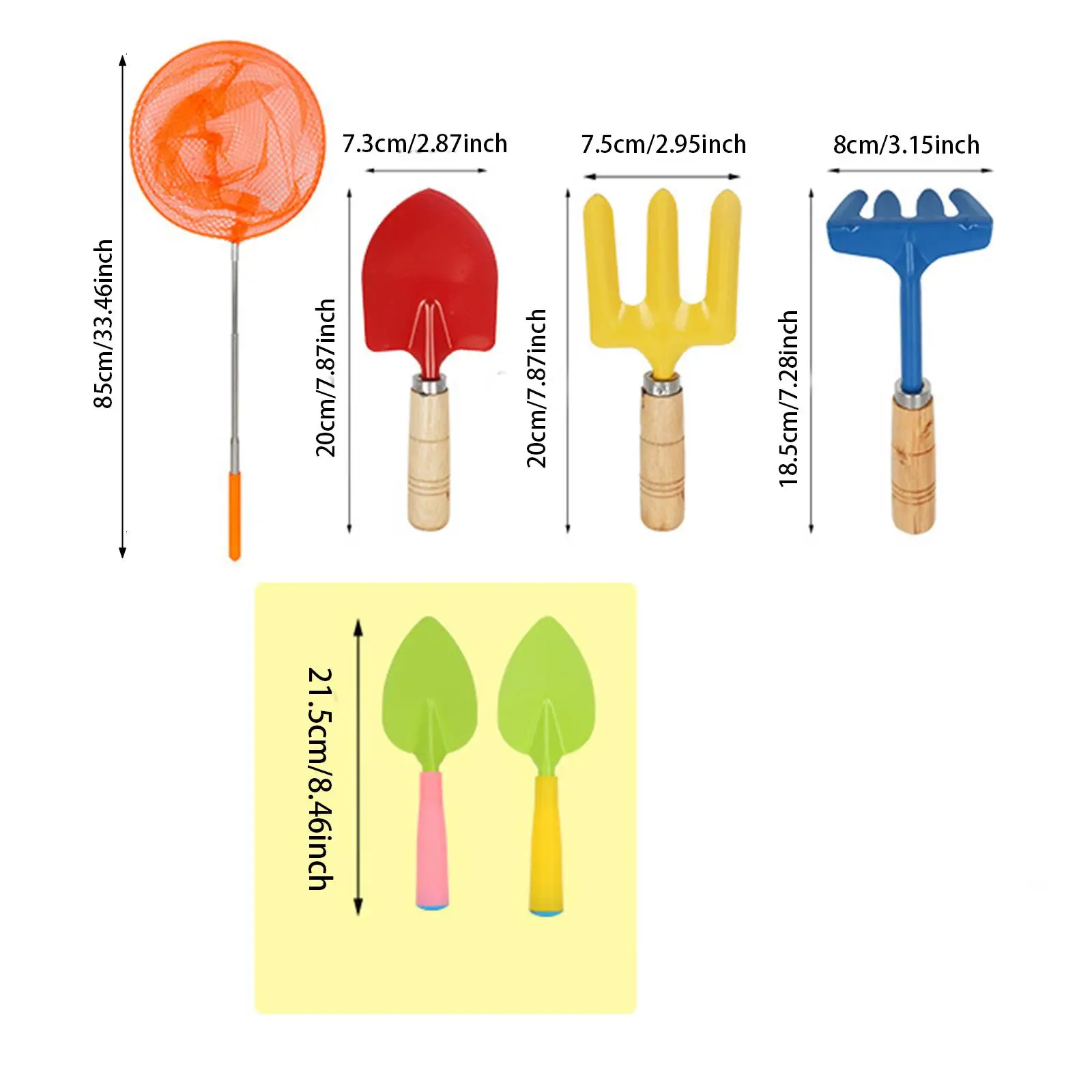 Kids Garden Tools and Equipment Multicolor Hand Tools Set Rake Shovels Fork Telescopic Butterfly Fishing Net Beach Play