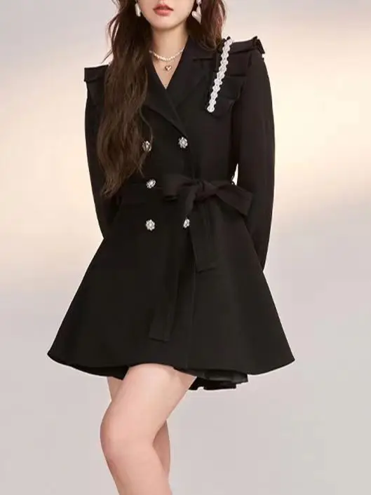 Elegant Black Socialite Style Medium-length Trench Coat Ruffle Edge for Spring 2024 women coat