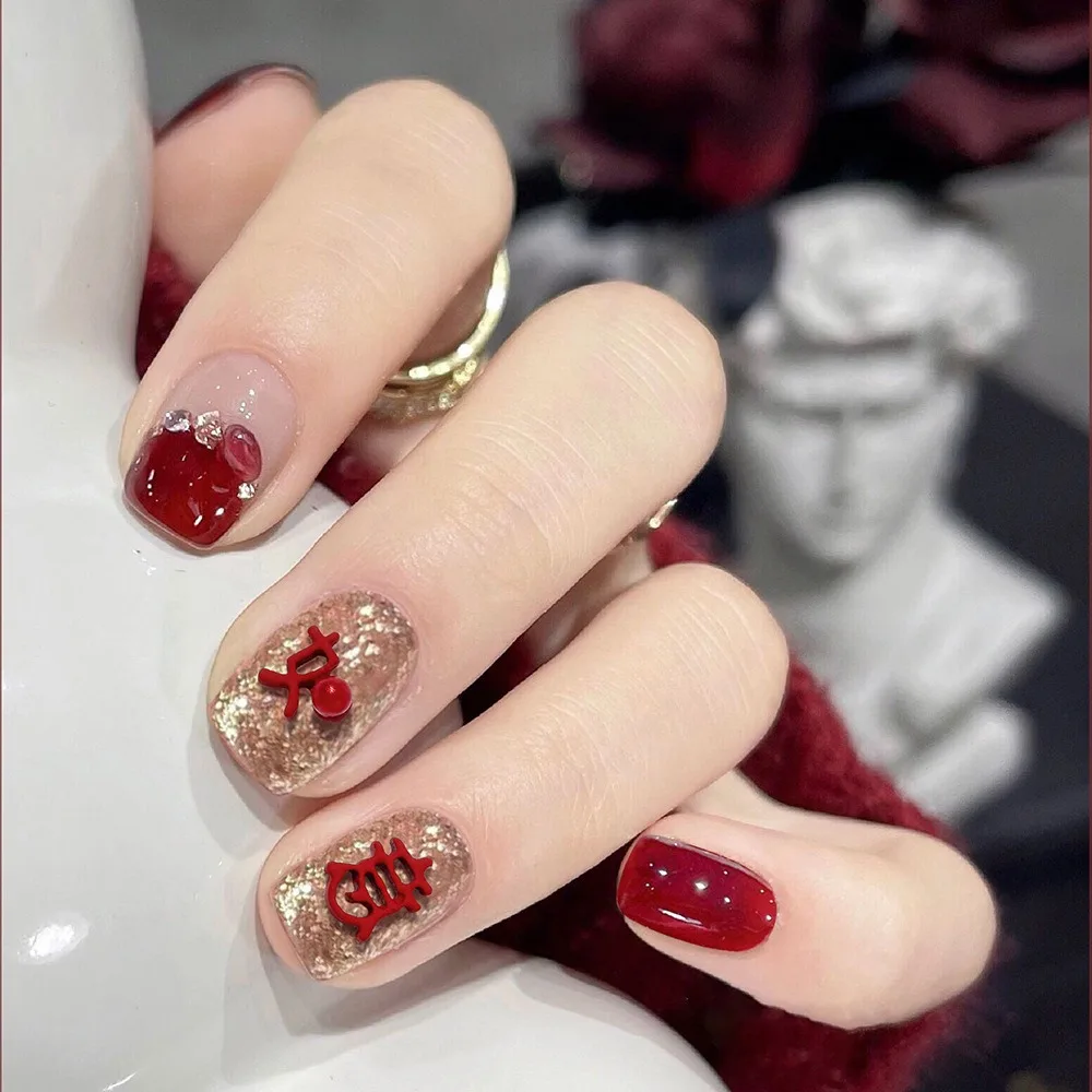 Chinese Manicure Unique Design Exquisite Craftsmanship Alloy Chinese Nail Drill Nail Accessories Nail Stickers Bright Color Red