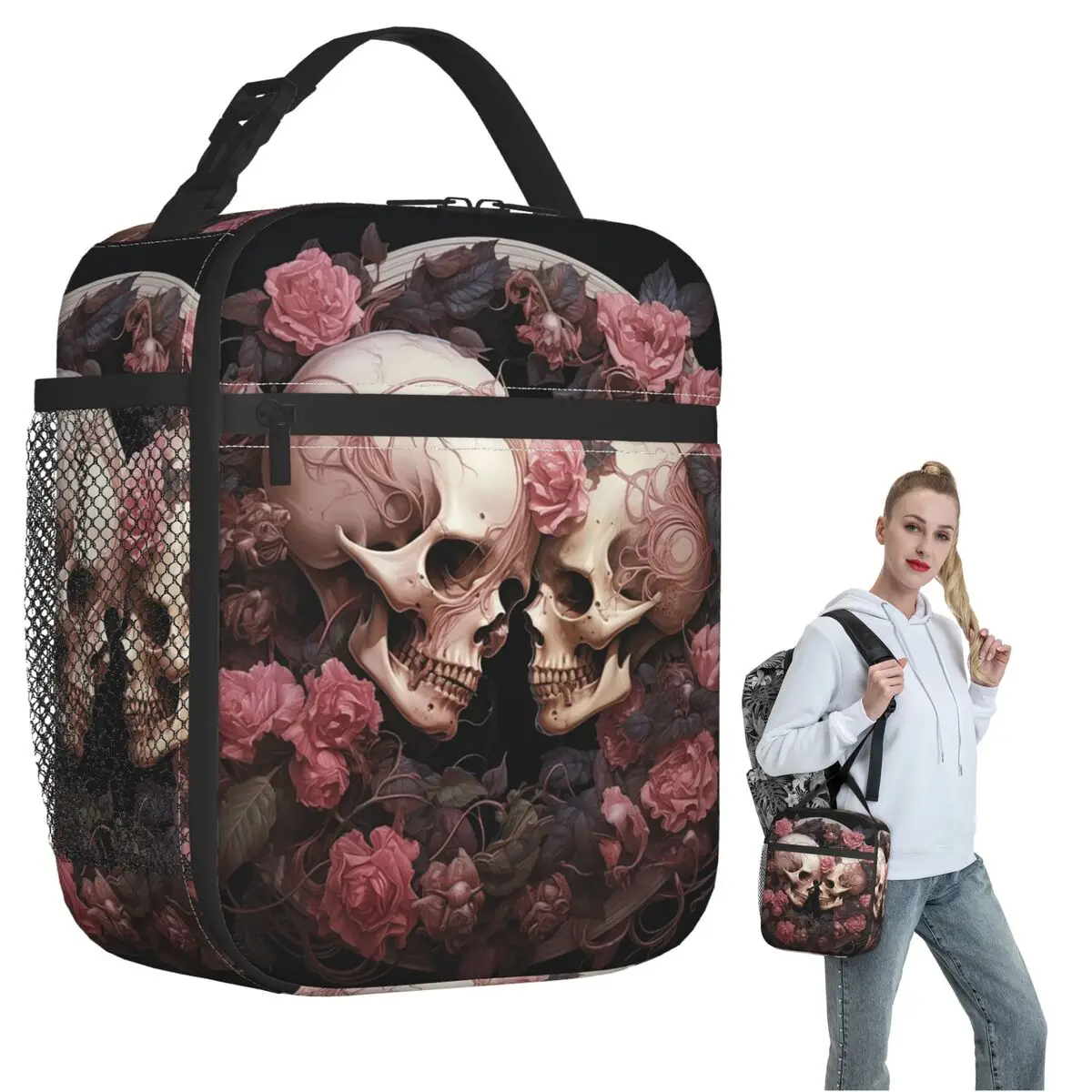 

Two Skull Surround Red Flower Halloween Insulated Lunch Bag for Women Kids Portable Food Boxes Thermal Lunch Box Tote