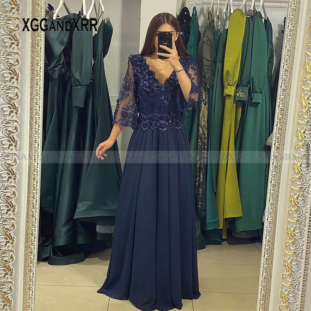 Elegant V Neck Mother of Bride Dress Navy Blue Chiffon Evening Dress Women for Wedding Party Half Sleeves Beading Lace Applique