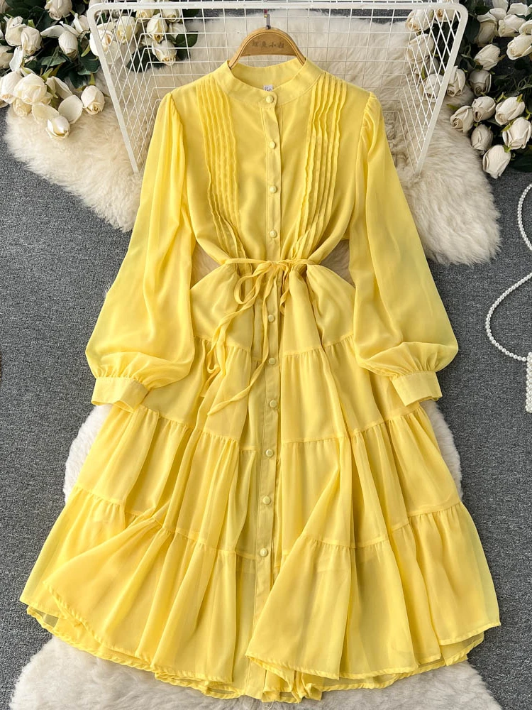 Women Casual Chiffon Dress Spring Autumn Long Sleeved Slim A-line Party Dresses French Chic Pleated Shirt Long Robe Vestidos 872