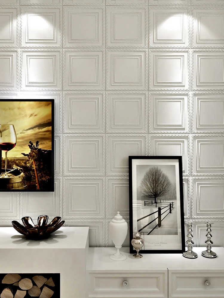 5pcs Large Size 3D Stereo Foam Wallpaper Nordic Style Pure White Plaid Wallpaper Self-Adhesive Decorations
