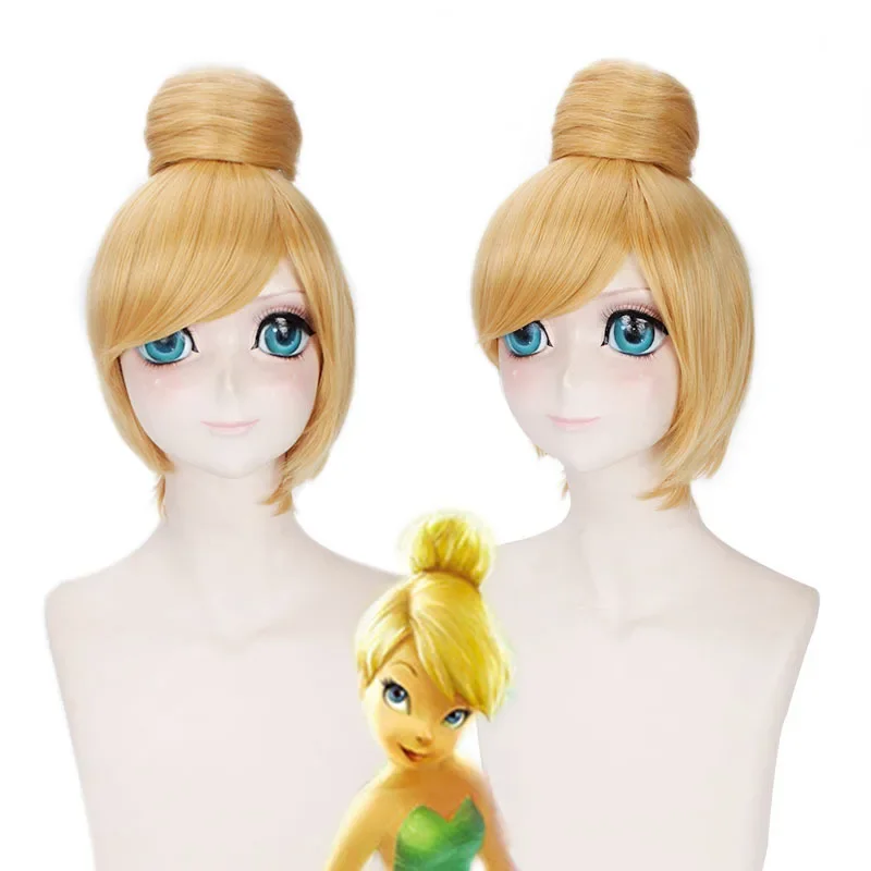 Princess Tinker Bell Wig Tinkerbell Cosplay Wigs Short Blonde Hair with Bun Heat Resistant Synthetic Hair Halloween Costume Wigs