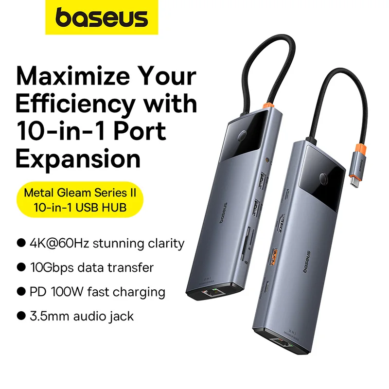 

Baseus Metal Gleam Series II 10-in-1 USB HUB Space Grey（USB-C to 1*HDMI 4K@60Hz+1*USB-A(10Gbps)+1*USB-C（10Gbps)+2*USB-A(480Mbps