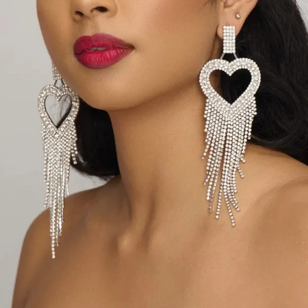 Fashion Heart Tassel Earrings Rhinestone Wedding Shiny Large Crystal Earrings Long Dangle for Women Party Drag Queen Jewelry