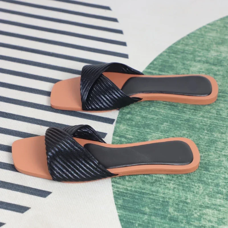 2024 New Women Outside Slippers Summer Beach Shoes Open Toe Casual Fashion PU Leather Slides Trendy Female Black Sandals