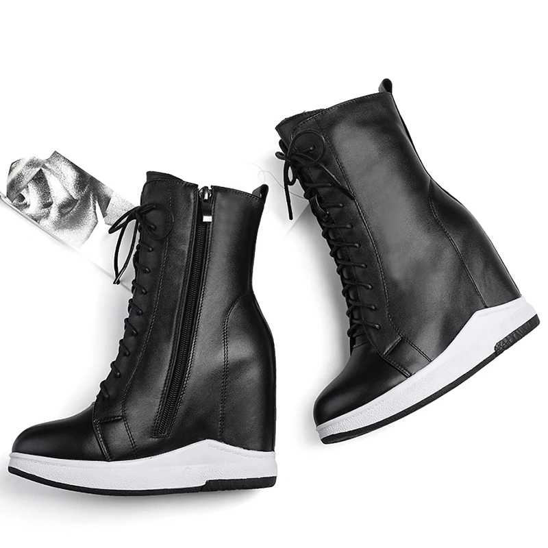 Plus Size Shoes Women Lace Up Genuine Leather Wedges High Heel Platform Pumps Female Round Toe Fashion Sneakers Big Size Shoes