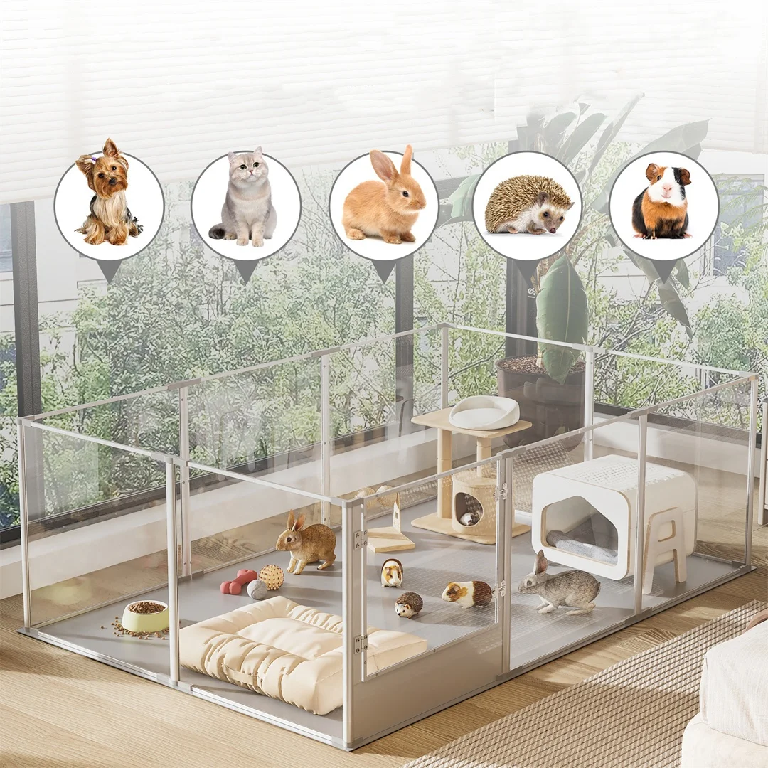 180cm Extragroßer Indoor-Haustier-Gehegezaun aus klarem Acryl, 10-teiliger Hunde-Laufstall, Kaninchenkäfig mit wasserdichter Unterlage