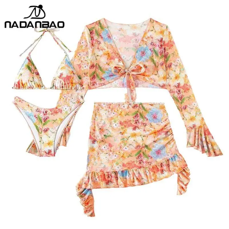 Nadanbao Sexy Bedrukte Strandjurk Bikini Set Badpakken Vrouwen Strandvakantie Rugloze Mode Bikini Dames Zomer Badmode Bikini