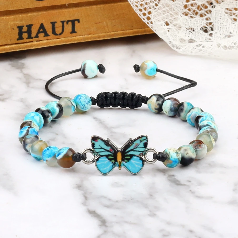 Bracelet en perles papillon bleu pour femme, bracelets faits à la main, pierre naturelle d'yeux de tigre, agates, bijoux de guérison, cadeaux, mode, 6mm