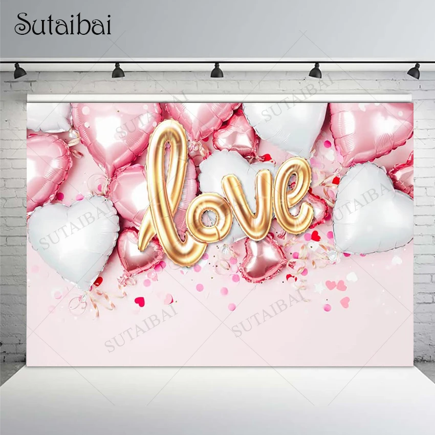 

Wedding Party Happy Valentine Background Heart Balloons Pink Sweet Love Marriage Decor Bridal Shower Studio Vinyl Booth Props