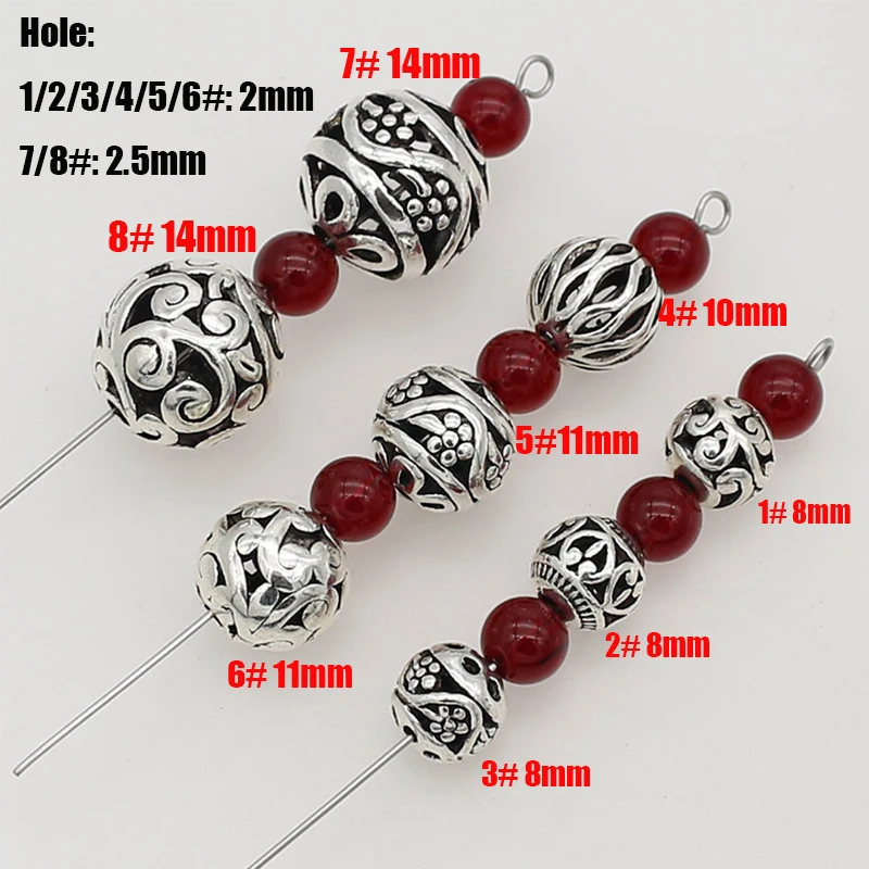 10pcs/Lot 8 Types Antique Silver Color Hollow Ball Loose Beads 8/10/11/14mm Manual Jewelry Metal Round Spacers DIY Jewelry Make