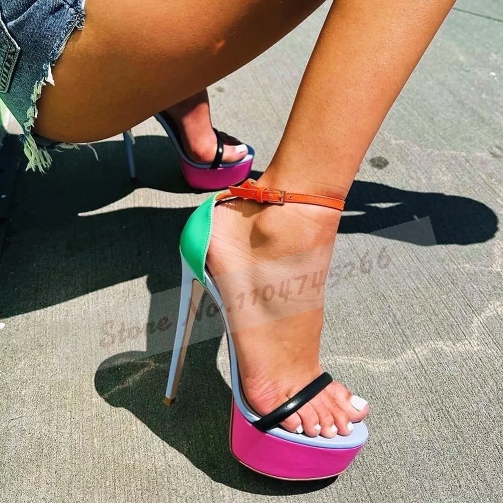

Pink Platform Green Orange Color Patchwork Sandals Stiletto Heels Multi-Color Matched Dress Shoes Buckle Strap Banquet Pumps