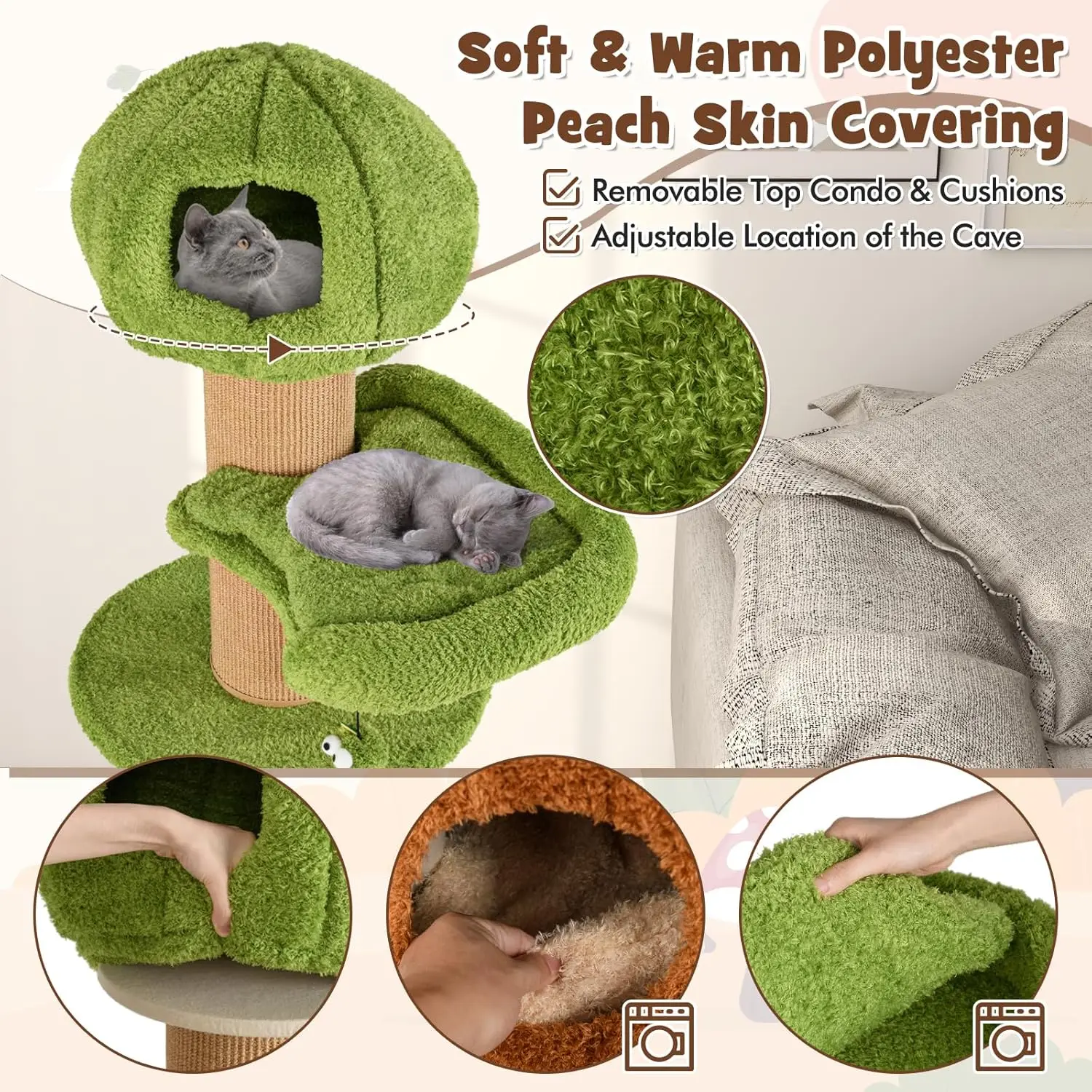 58 Inch Forest-Themed Cat Tree, Multi-Level Cat Tower with 2 Cute Condos, Plush Perch, Teasing Balls, Sisal Posts,, Customized - view 5