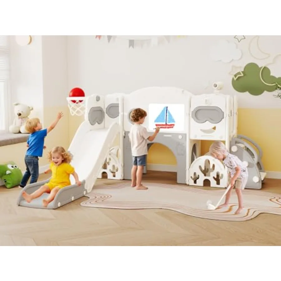 

Toddler Slide Set 10 in 1 Indoor Outdoor Toddler Playset with Golf Set Climber Drawing Board Basketball Hoop and Storage Space