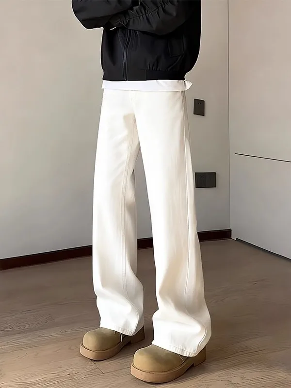 

High Waist Fce Lined Flared Jeans Men's Elastic Straight Leg Jeans White Crescent Knife Design Casual Comfortable Denim Pants