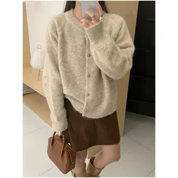 Furry round neck sweater cardigan for women 2024 autumn and winter Korean style simple single-breasted soft waxy knitted jacket