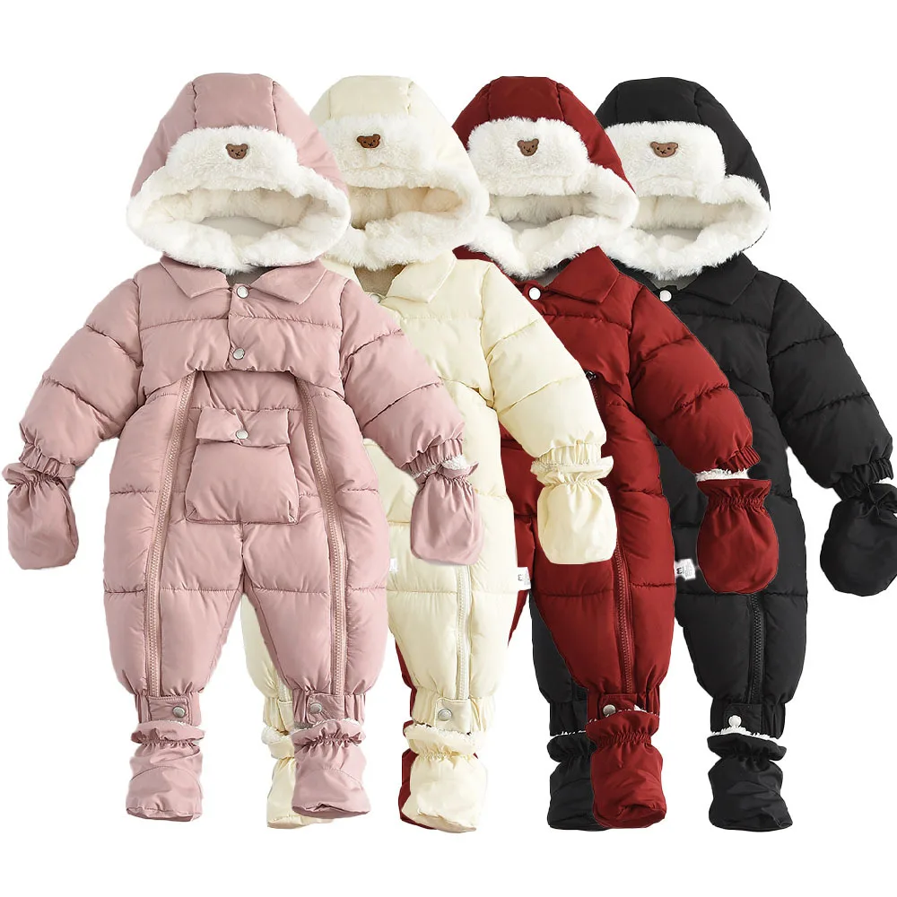 

2025 Winter Baby Rompers Warm Thicken Fur Lining Kids Girls Jumpsuits Fleece Lining Boys Snowsuits Detachable Hat Baby Outerwear
