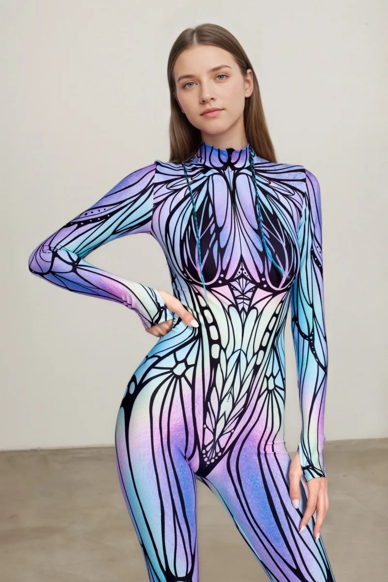 Neuer bunter Schmetterlings-Print-Cosplay-Bodysuit für Damen, Erwachsenen-Halloween-Karnevalsparty-Märchenkostüm, Bühnenkostüm, Zentai-Anzug – Detail 17
