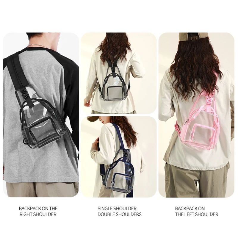 B Clear PVC Mini Convertible Backpack Multiway See Through Sling Chest Bag Casual Transparent Crossbody Daypack For Men Women