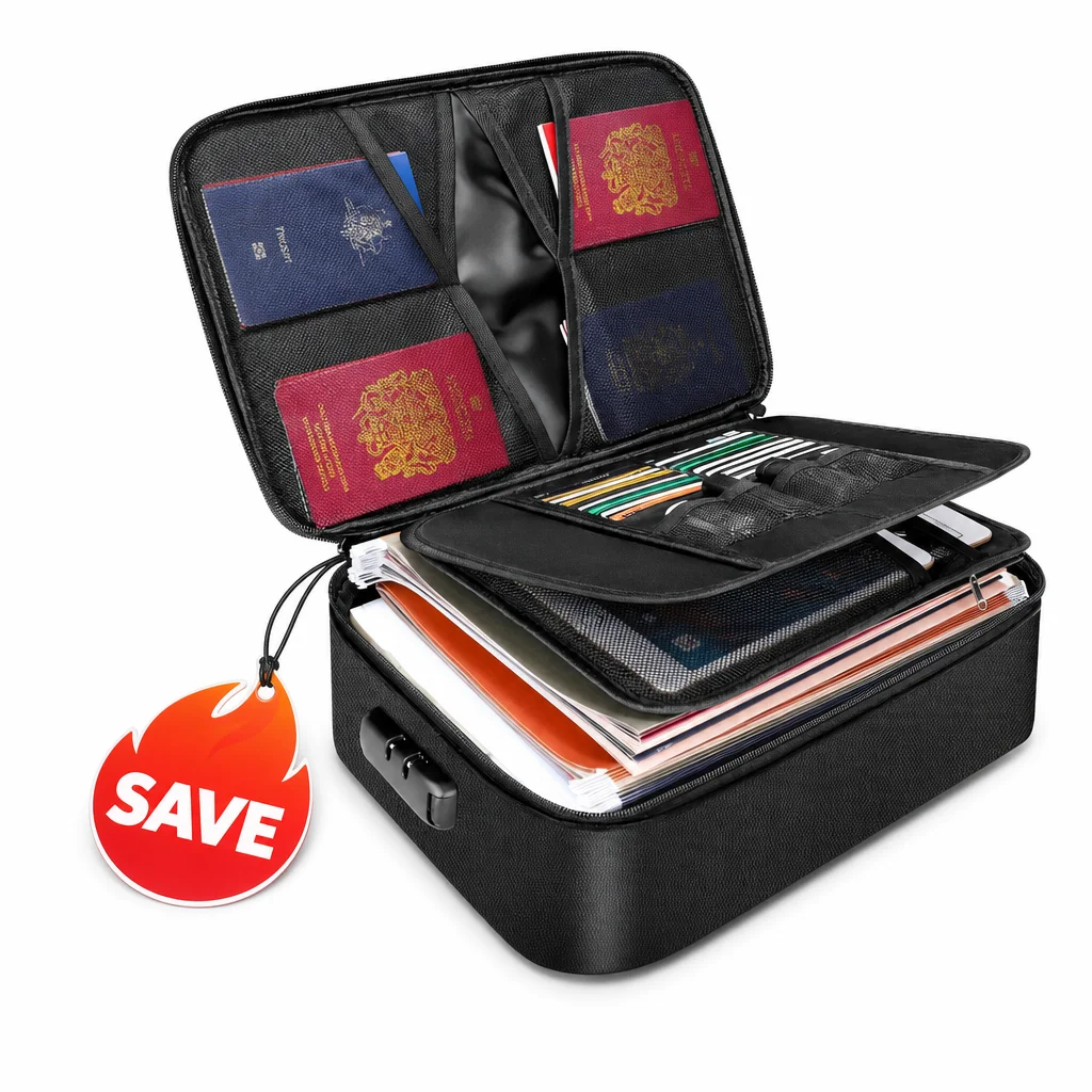 Fireproof Document Bag with Lock Large Capacity Waterproof File Storage Case Multi-layer Travel Bag for Passport Valuables