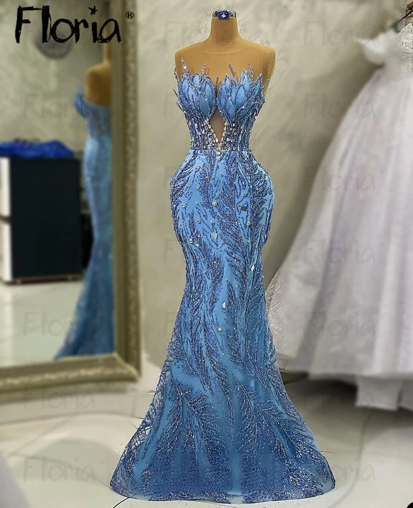 Vestido de fiesta largo hasta el suelo de sirena con cuello de ilusión para mujer, Vestidos de Noche de boda hechos a mano con cuentas azules, vestido de noche Formal elegante para graduación