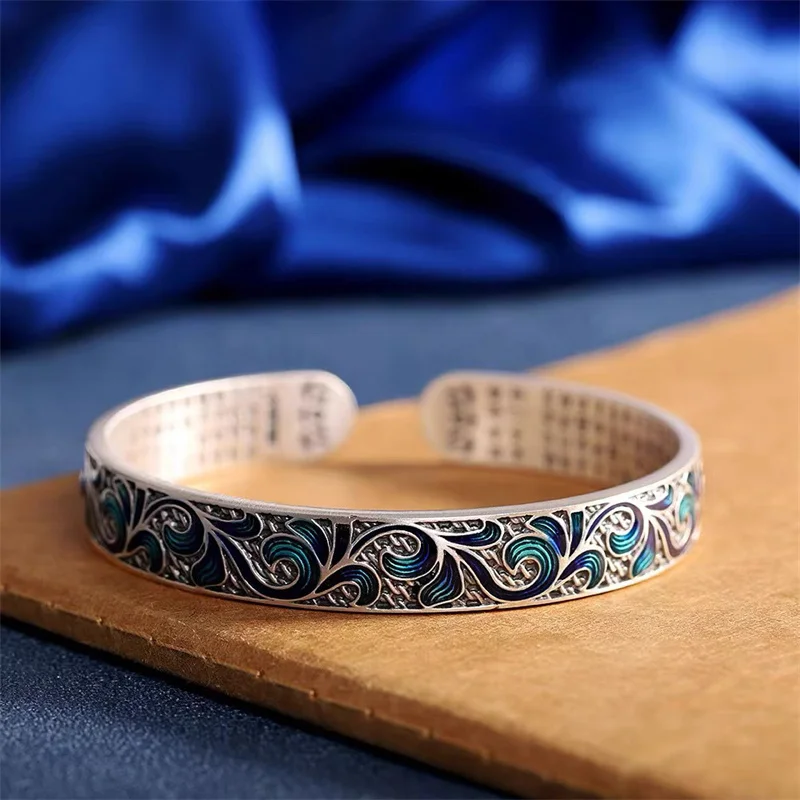 Ethnic Style Colored Enamel Lines Flower Bangle For Men Jewelry Blessing Prajnaparamita Heart Sutra Bangle Women Hand Accessory