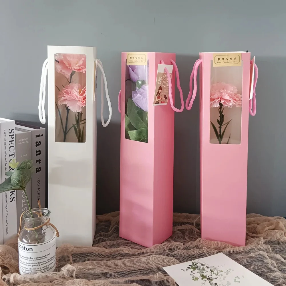 100pcs Flower Bag Ribbon Gift Box Window Transparent Single Stem Bag for Mother's Day Bouquets Valentine's Day Handheld Bag