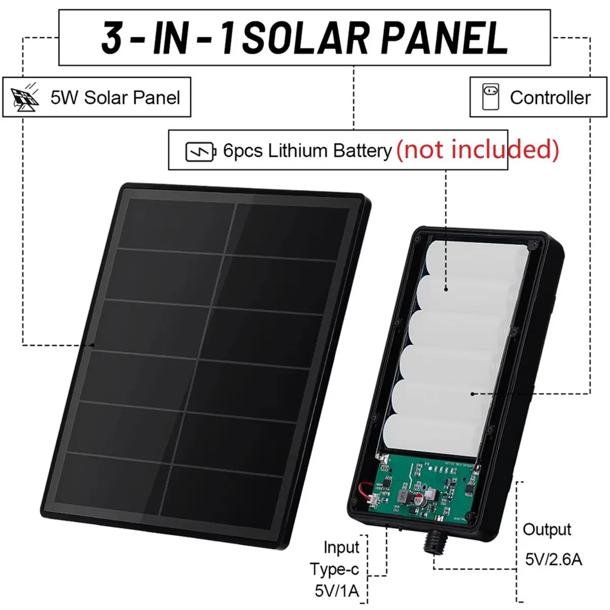 Doings D5 5W Solar Panel for Security Camera Doorbell IP66 Waterproof Battery Charger with DC 5.5x2.1 Port, 5V Output