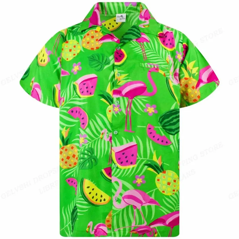 Flamingo 3D Print Beach Shirts Men's Fashionable Shirt Summer Button Lapel Tops Street Casual Harajuku Holiday Hawaiian Blouse