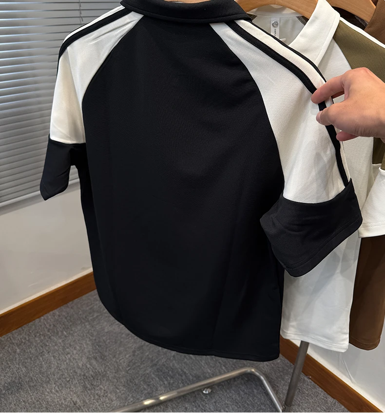High-end Quality Men's Polo Shirt Lapel Zipper Splicing Short-sleeve Wide-version T-shirt Korean Fashion Trend Summer Men's Wear