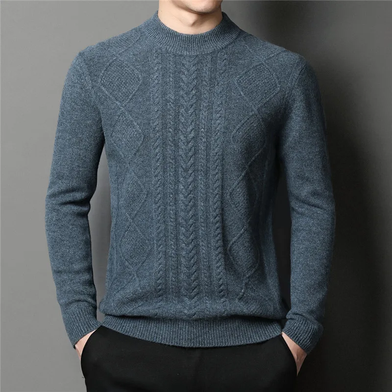 

Sweaters Mens Clothes Autumn and Winter Thicken Pure Wool Round Neck Hedging Stripe Slim Korean Version Keep Warm