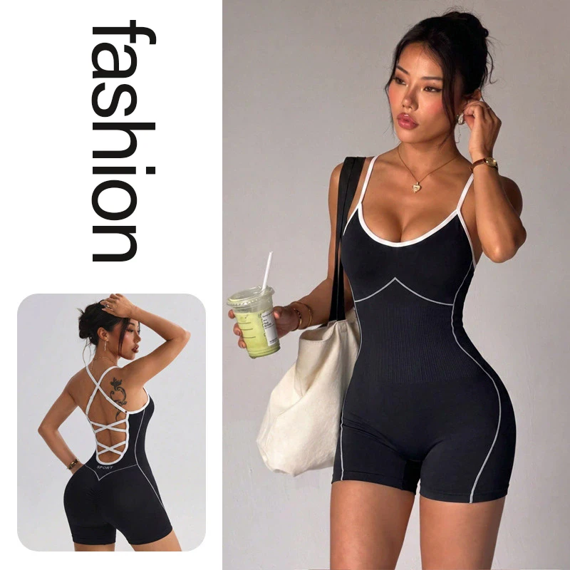Fashionable Trendy Yoga Wear One-Piece Suit Women's Color-Blocking HalterOne-Piece Short Hip-Lifting Sports And Fitness Wear