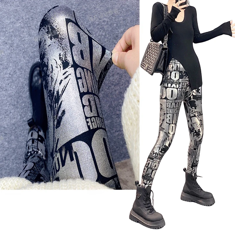 Autunno inverno moda donna Leggings con stampa Graffiti metallici Leggings spazzolati stampati pantaloni elasticizzati Skinny da donna in argento