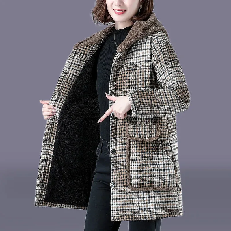 Women's Long Hooded Parka, Warm Cotton Coat, Quilted Jacket, Plaid Plus Velvet, Middle-Aged Women, Female, Autumn, Winter, New,