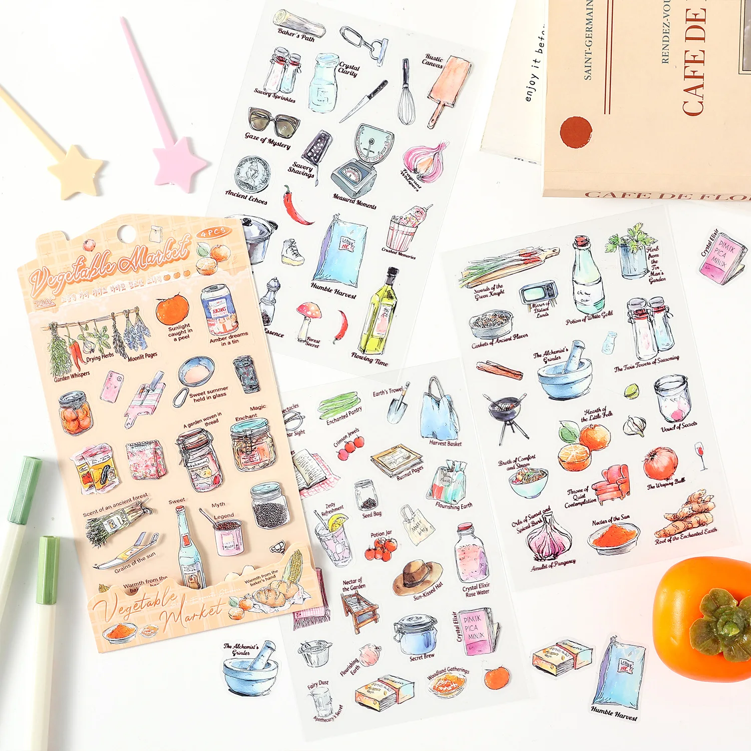 Salt Based Four Language Series Vintage Life Fruit Landscape PET Sticker Creative DIY Journal Material Collage Stationery